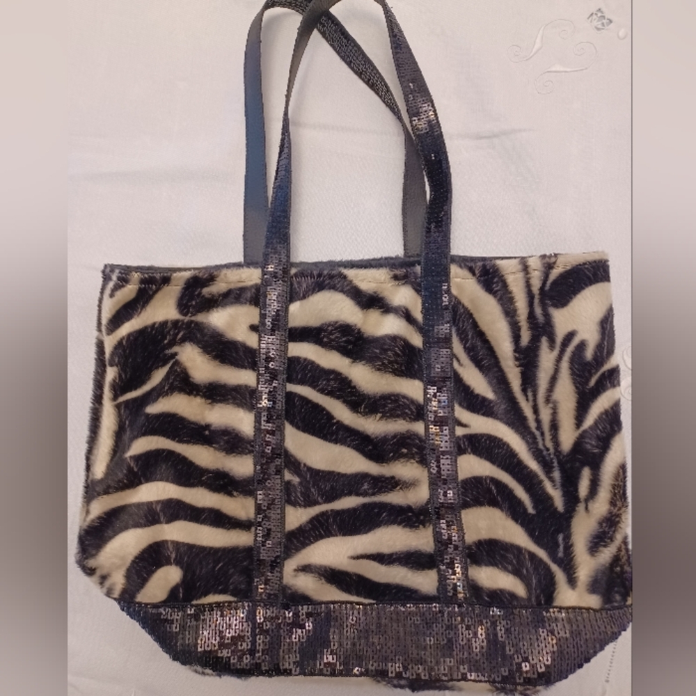 Faux Fur Zebra Print Tote Bag with Sequin Trim - Black/White - Picture 2 of 3